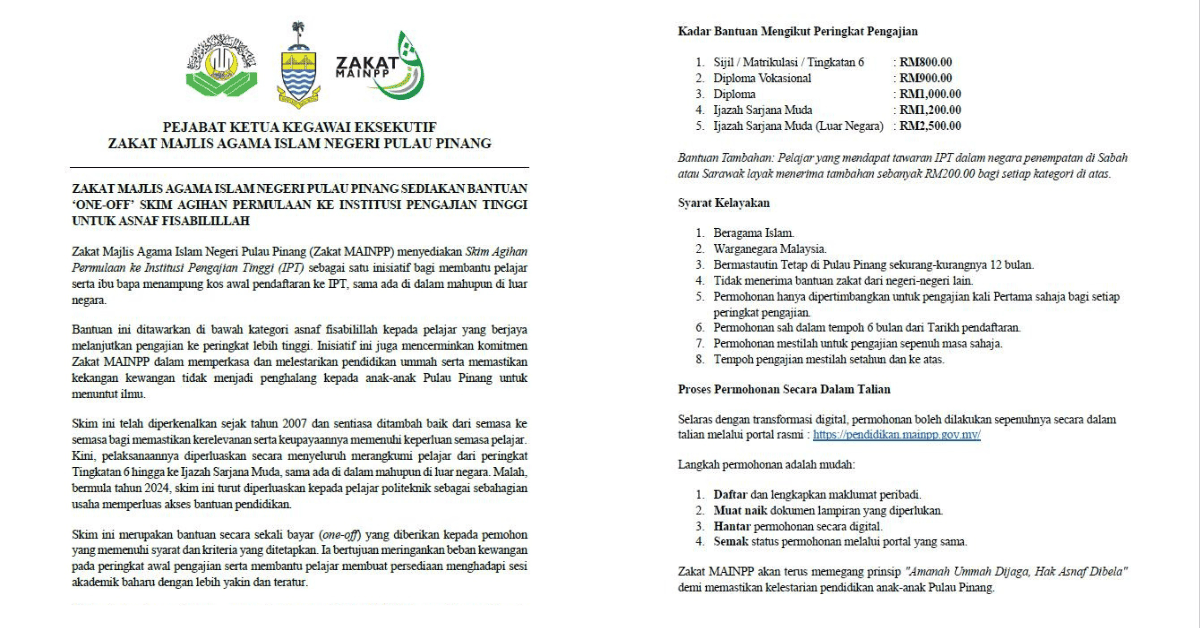 Bantuan Permulaan Ke IPT Zakat Pulau Pinang 2026